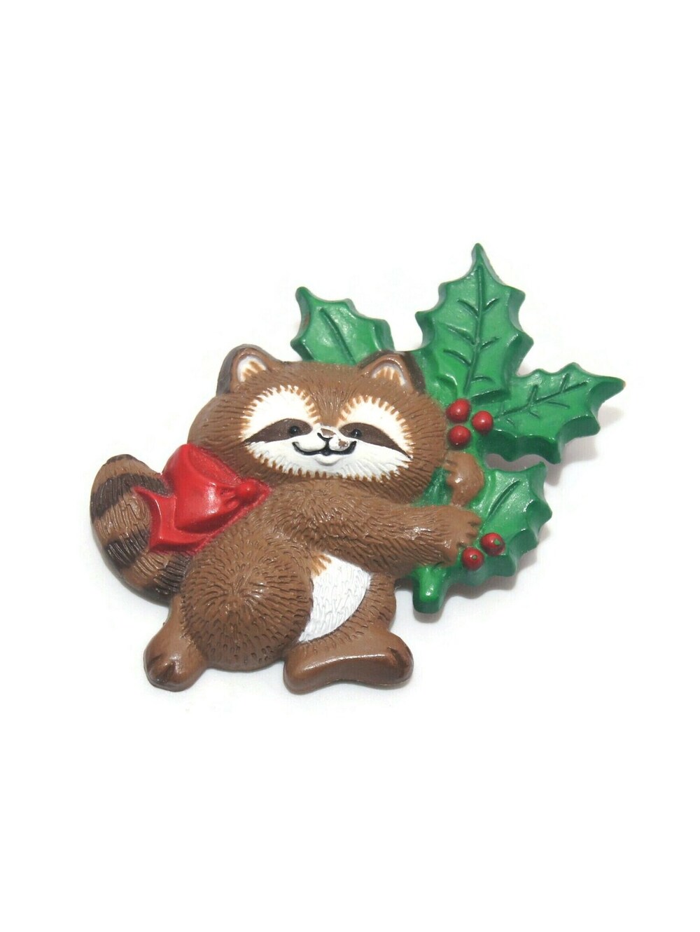 Vintage 1986 Hallmark Cards Christmas Racoon with Holly Brooch.